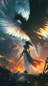 Warrior confronts colossal phoenix amid cinematic inferno