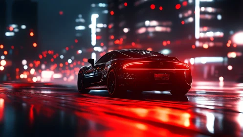 Rear view of sports car on wet neon lit city street.