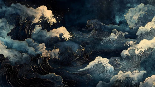 Celestial storm tides swirl in gold-traced nocturne waves.