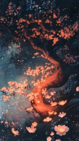 Star-dusted blossom tree pouring firelight into nightfall.