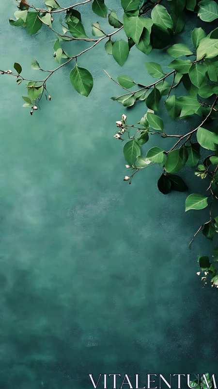 Green foliage frames a tranquil textured teal background space
