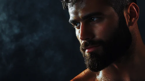 Low key closeup portrait of bearded male with rim lighting