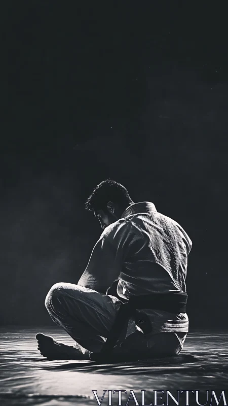 Martial artist kneels in spotlight on dark training mat.