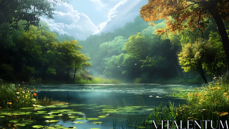 Sunlit forest lake shimmers beneath drifting summer clouds