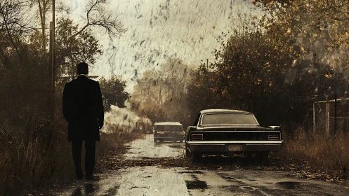 Rear-view composition shows solitary man, classic sedans, autumn rain