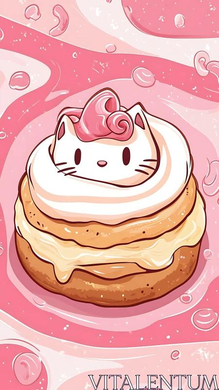 Anthropomorphic Cat Cupcake Illustration with Pink Swirled Frosting.