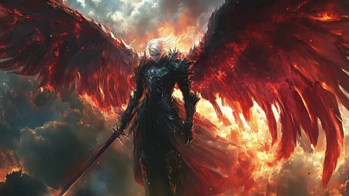 Armored fallen angel with flaming red wings over storm clouds