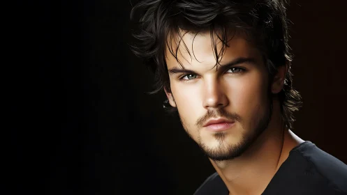 Striking young man gazes forward with intense, moody focus.