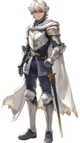 Young armored knight with sword and white cloak poised.