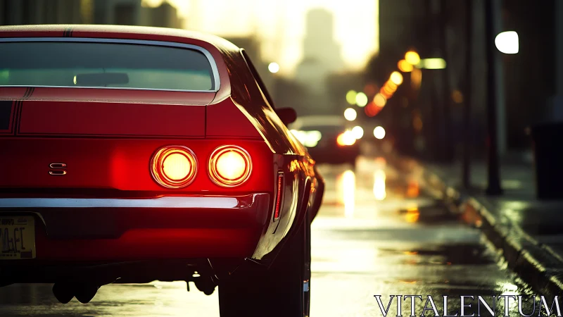 Rear view of red classic car on wet urban street at dusk.