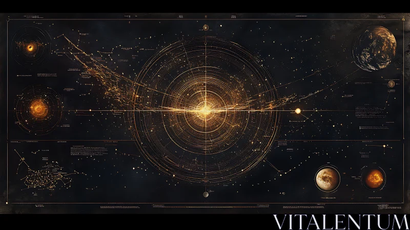 Stellar system blueprint shows radiating golden orbital data.