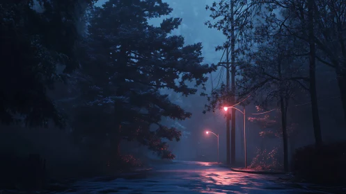 Nocturnal forest roadway under misty neon streetlights.