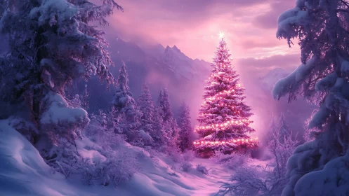 Luminescent Christmas fir in violet alpine snowglow.