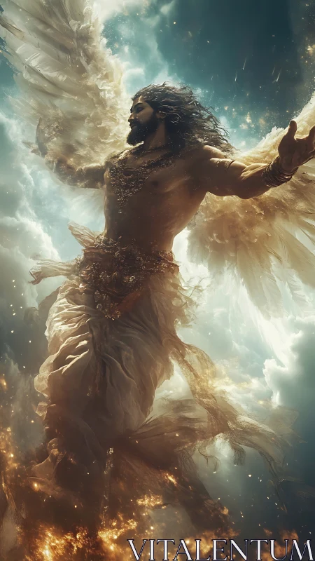 Winged celestial warrior ascending through radiant storm.