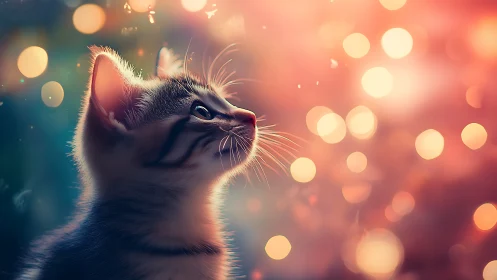 A Cat's Dreamy Moment Surrounded by Warm Bokeh Lights