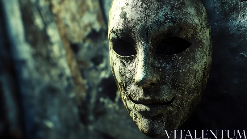Weathered metallic mask in shallow-focus chiaroscuro portrait