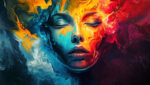 Symmetrical abstract human face in dual color fields.