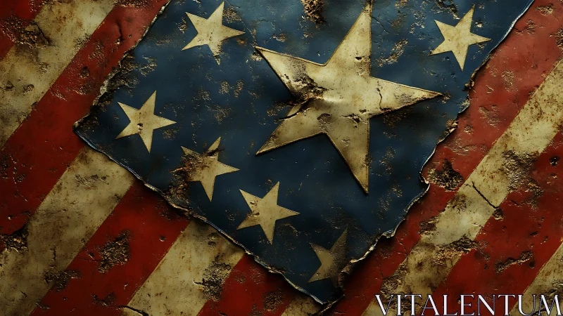 Weathered metal flag fragment shows corroded stars and stripes