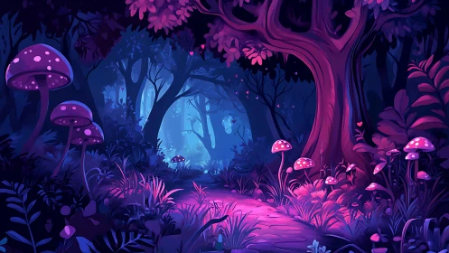 Bioluminescent Forest Pathway with Glowing Fungi and Ethereal Vegetation