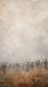 Infantry line advancing through smoke on misty battlefield.
