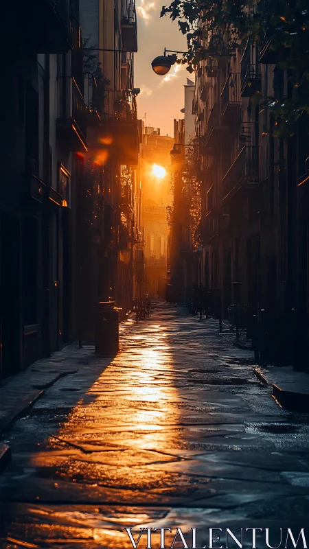 Sunlit alleyway river of gold between waking city walls.