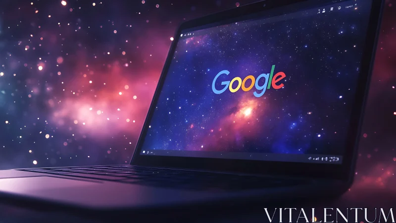 Laptop screen displays Google logo against vivid cosmic backdrop