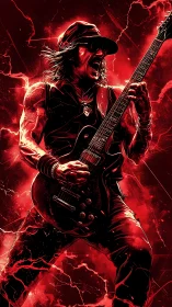 High-contrast red digital rendering of electric guitarist mid-solo