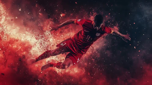 Explosive soccer action captures a player mid air in blazing reds