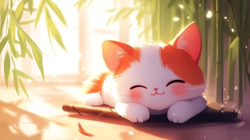 White Cat with Red Ears Resting on Wooden Surface