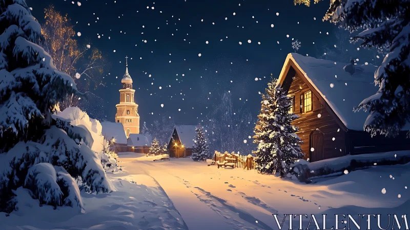 Snow-illuminated village street frames church tower under night sky