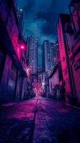 Neon soaked city alley glowing softly beneath stormy skies.