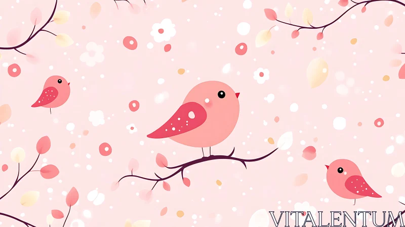 Cute Pink Cartoon Birds on Branches in Pastel Spring Style.