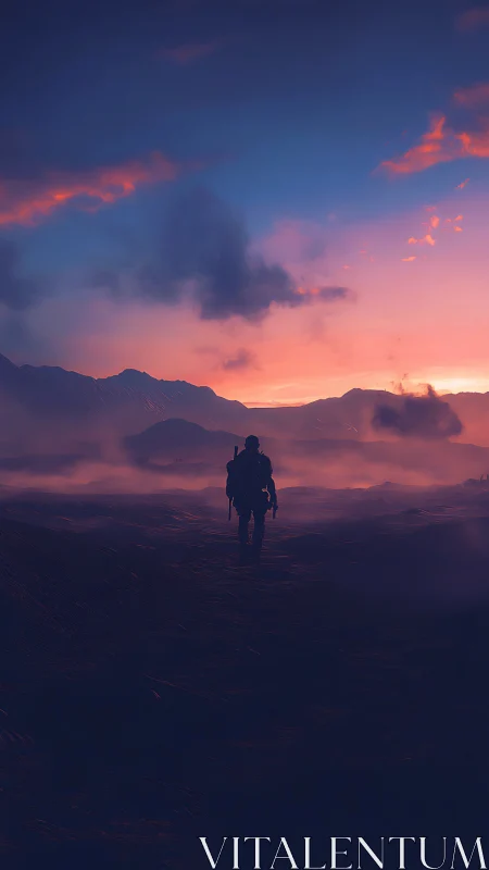 Lone armed figure walks across misty valley at dusk