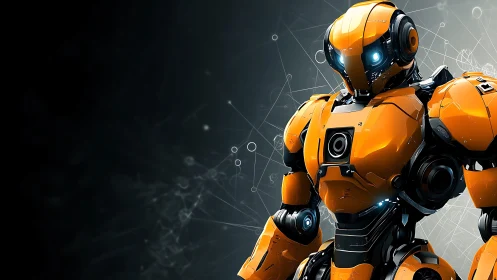 Armored orange combat robot stands in a digital schematic world.