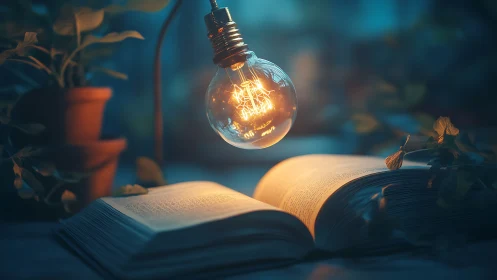 Incandescent filament bulb illuminating an open book at dusk.