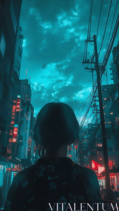 Neon-lit silhouette watches electric cyan city sky at night.