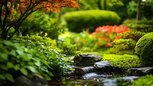 Tranquil garden stream with rocks and lush green foliage.