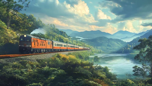 Orange passenger train crossing lush riverside valley.