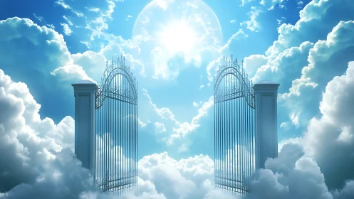 Radiant heavenly gates open in brilliant blue sky of clouds