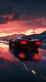 Sports car on wet highway under vivid sunset sky.