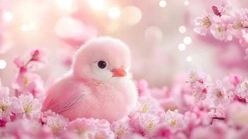 Adorable Pink Chick Surrounded by Delicate Blossoms.
