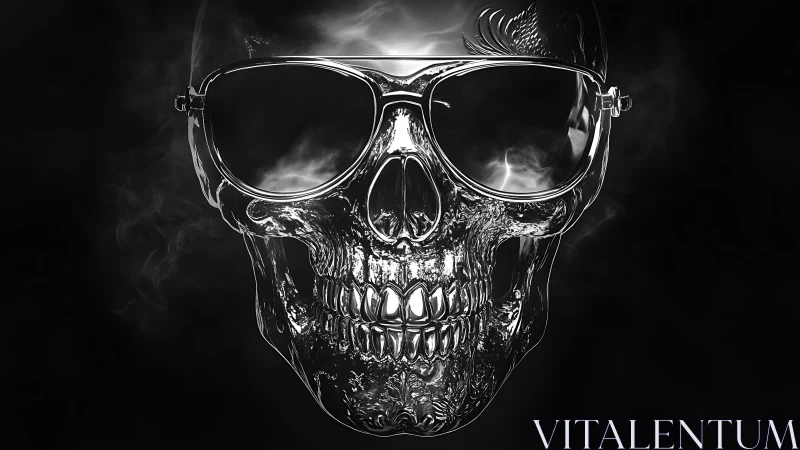 Chrome skull portrait with reflective aviator sunglasses.