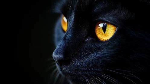 Black Feline with Luminescent Amber Irises and Slit Pupils.