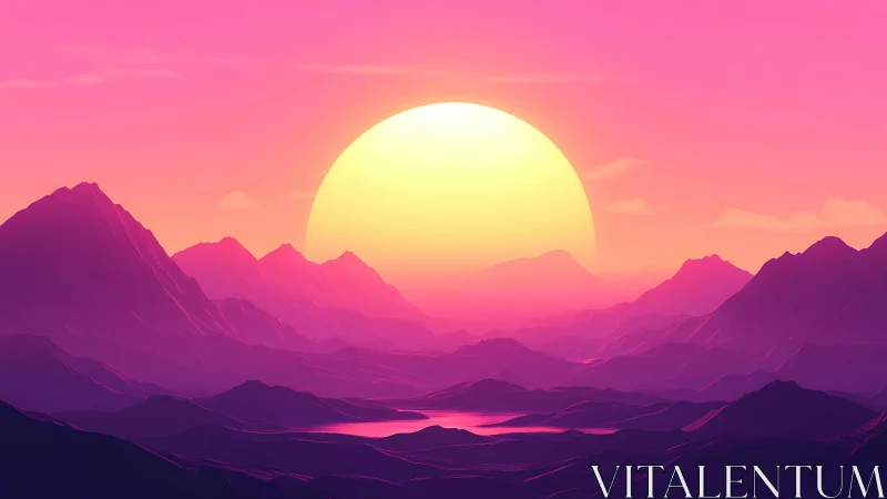 Dreamy neon sunset over peaceful pink mountainscape.
