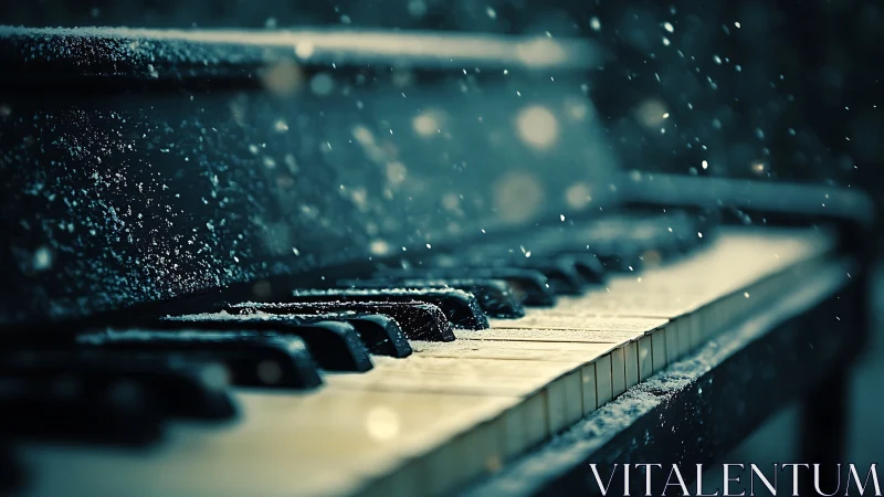 Outdoor piano keys under light snowfall in close focus.