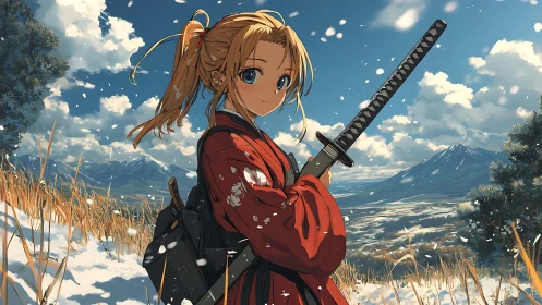 Female swordswoman in red kimono in snowy mountain field.