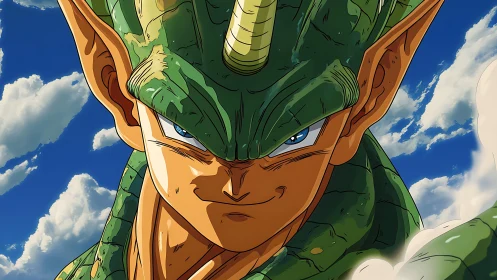 Green humanoid creature portrait under a clouded sky