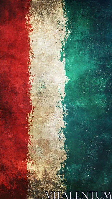 Weatherworn tricolor banner dripping with rustic pride.