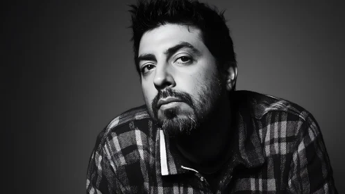 Thoughtful portrait in rich black and white flannel glow.