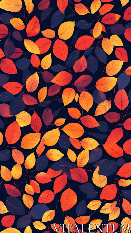 Autumn foliage pattern with orange and yellow leaves on navy.